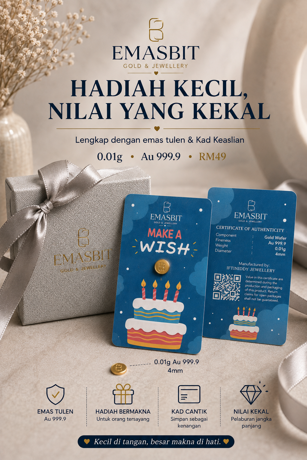 Emasbit Birthday Make A Wish | Kad Emas Hadiah Au 999.9 (0.01g)