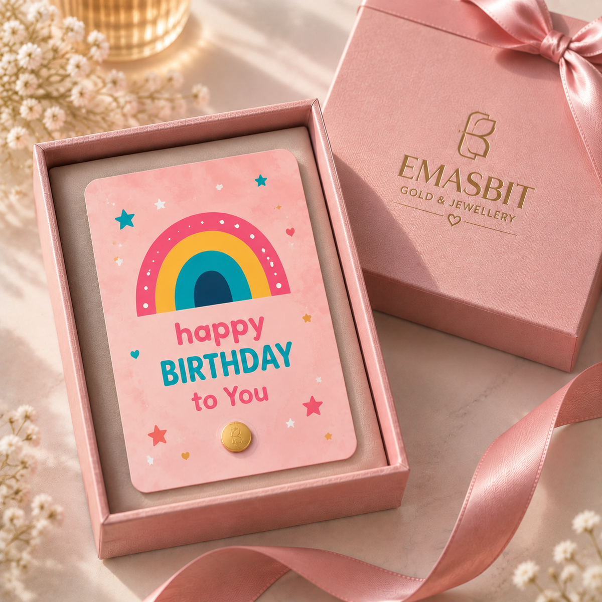 Emasbit Birthday Pink Rainbow | Kad Emas Hadiah Au 999.9 (0.01g)