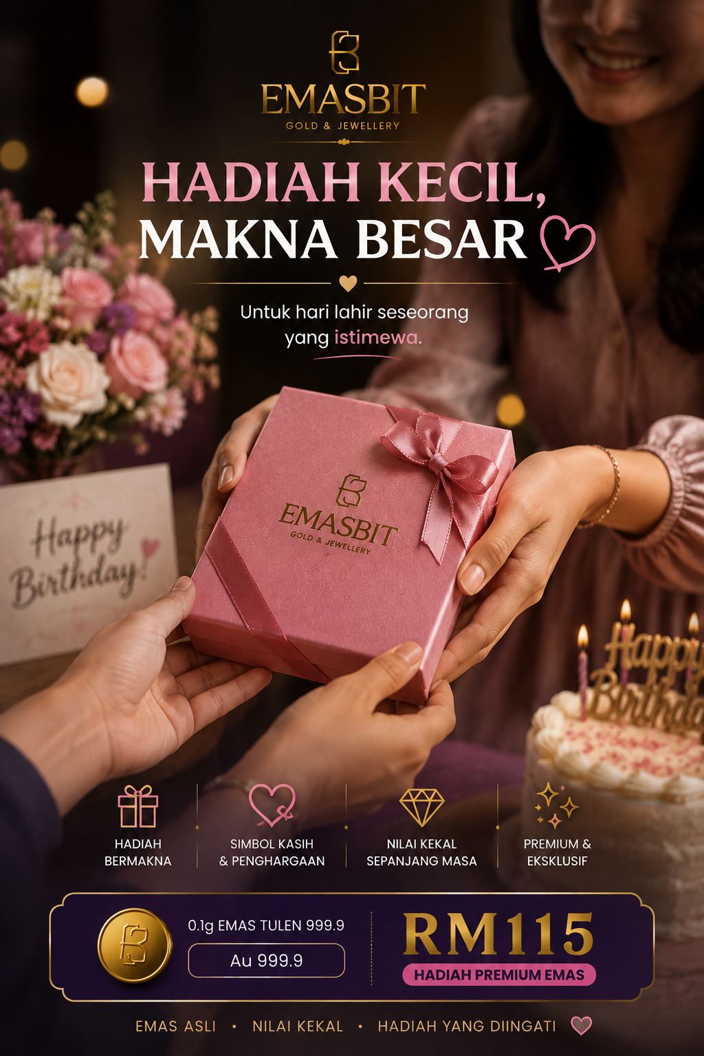 EMASBIT Au999.9 Birthday Gold Gift Card | Hadiah Emas 0.01g Under RM50