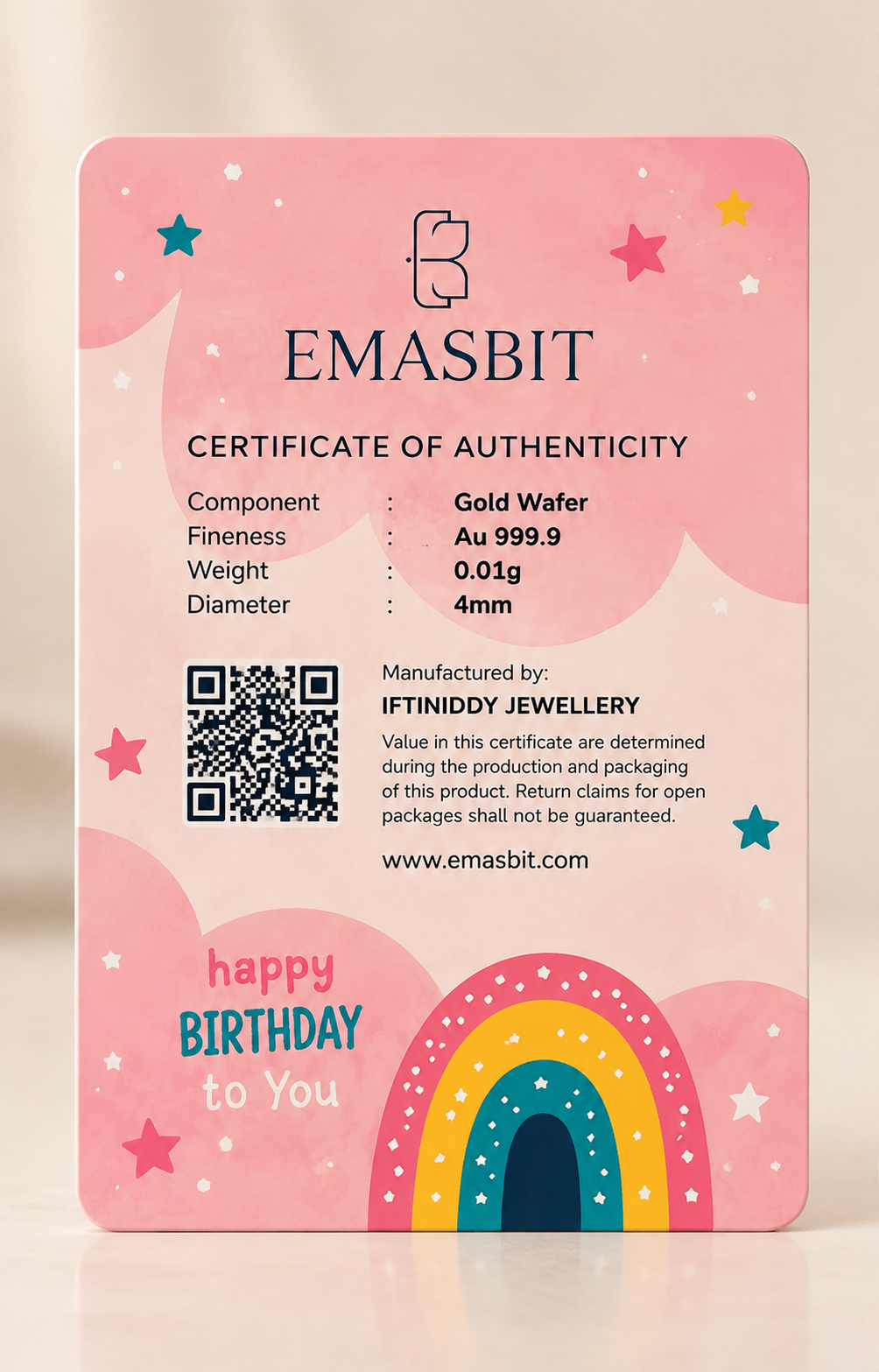 Emasbit Birthday Pink Rainbow | Kad Emas Hadiah Au 999.9 (0.01g)