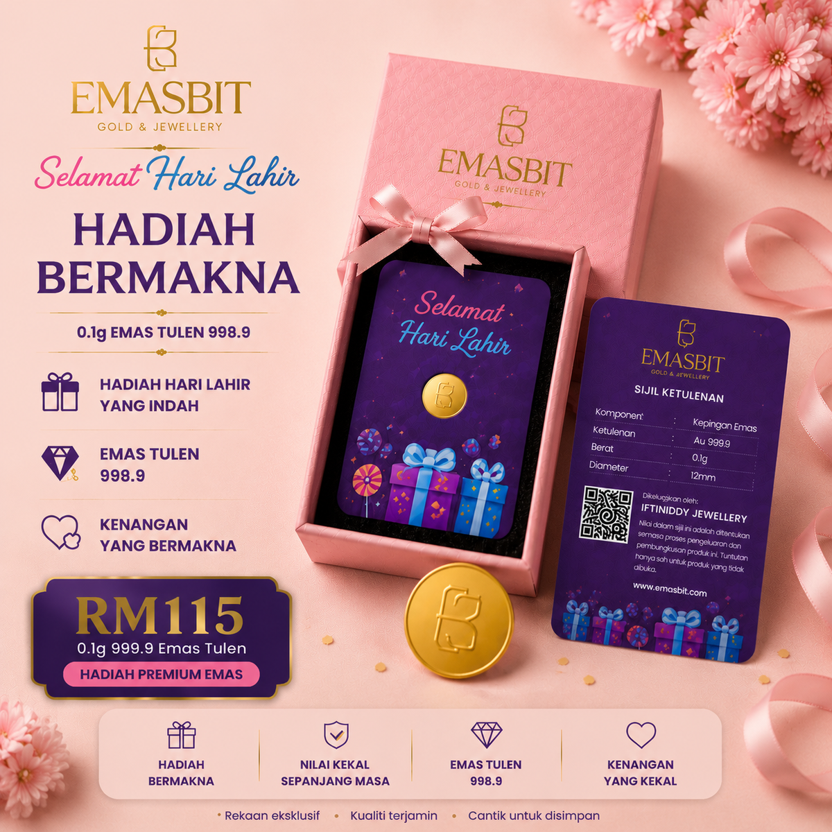EMASBIT 0.1g Gold Wafer 999.9 Fine Gold | Premium Birthday Gift